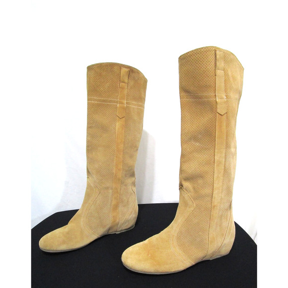 Sundance Tan Brown Perforated Suede Knee High Pull On Boots Women 8 US/39 EU - Picture 1 of 12